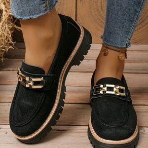 Elegant Suede Black Loafers with Gold Accent New